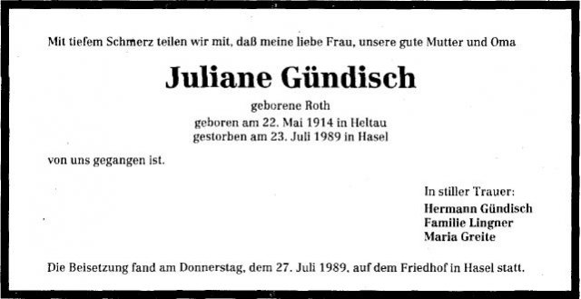 Roth Juliane 1914-1989 Todesanzeige